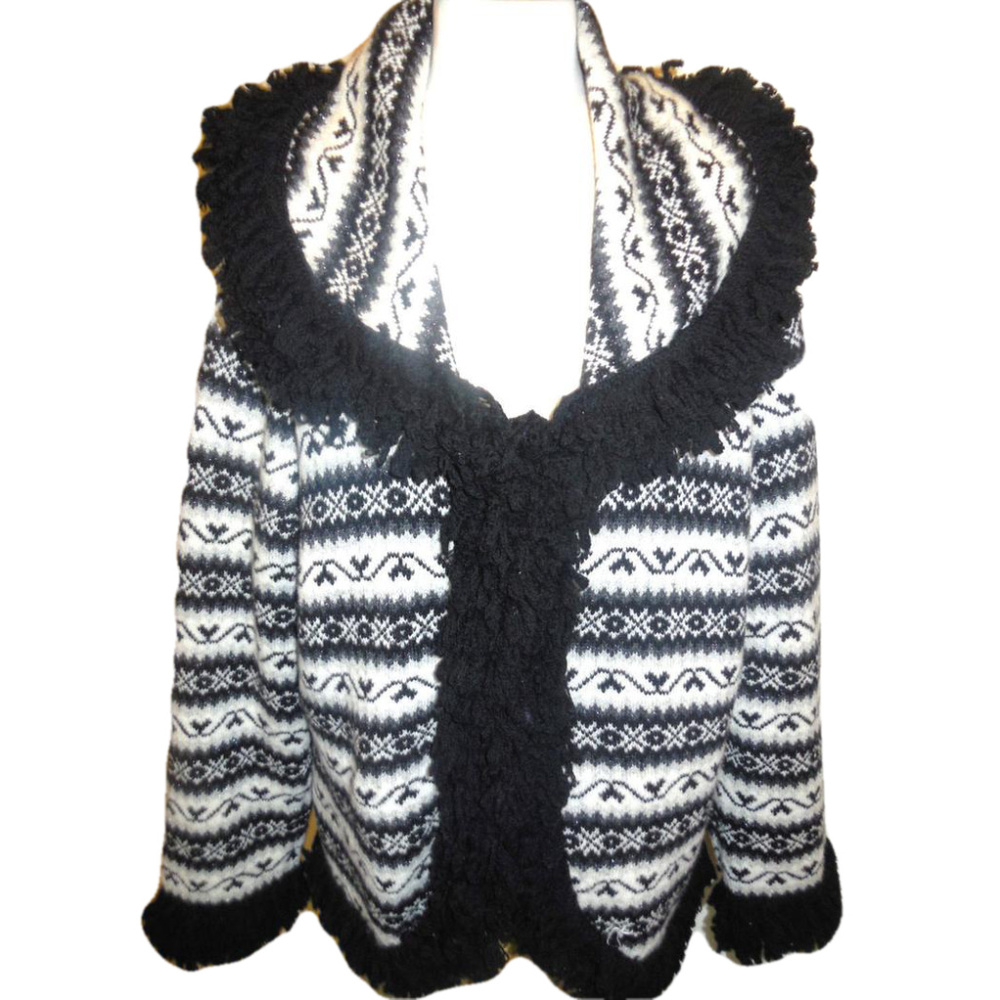 Lamb Wool Cardigan Sweater XL Black White fringe x